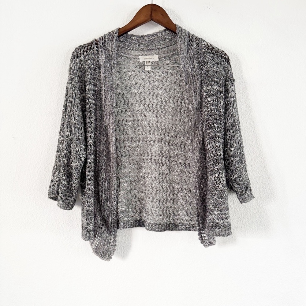 Dress Barn Open Knit Texture Cardigan Gray M Boho Coastal Cottage Transitional
